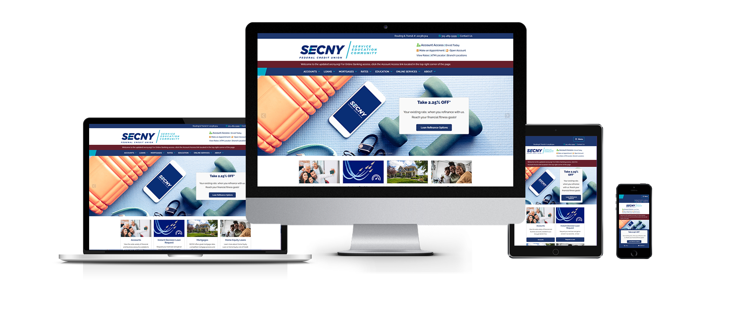 credit union website design secny federal credit union website on multiple devices demonstrating responsive web design