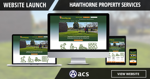 landscaping website design for hawthorne property services website launch view website button and acs logo