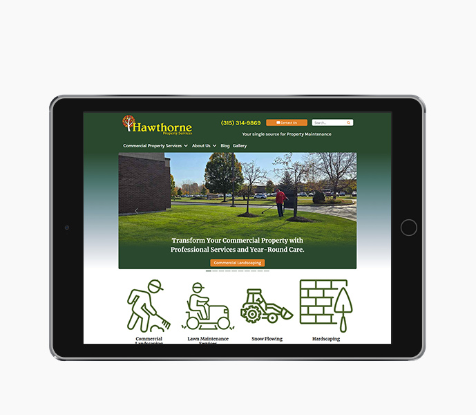 landscaping website design for hawthorne property services on tablet landscape view