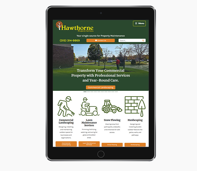 landscaping website design for hawthorne property services tablet portrait view