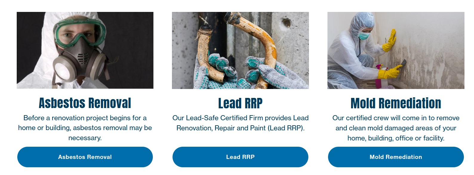 contractor website design home page panels for asbestos removal lead rrp and mold remediation