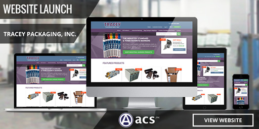 ecommerce website design website launch tracey packaging inc acs logo and view website button