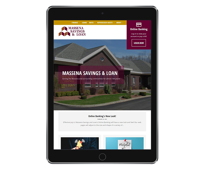 bank website redesign tablet portrait view of massena savings and loan website