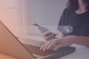 how to get on the first page of google search bar above laptop woman typing listing image