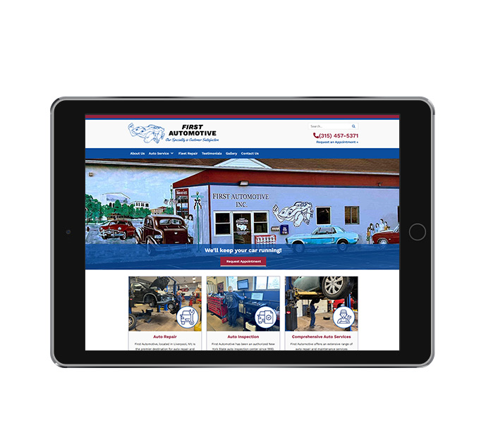 auto repair shop website design tablet landscape view of first automotive