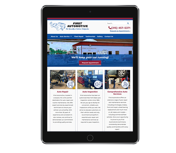 tablet view of auto repair shop website design for first automotive