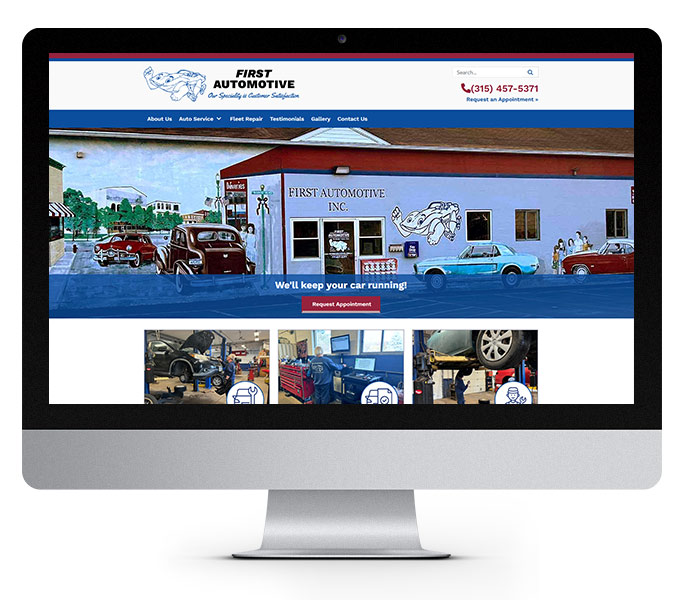 desktop view of auto repair shop website design for first automotive