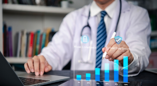 medical website design with hipaa compliant analytics doctor on laptop visualization of bar chart growth