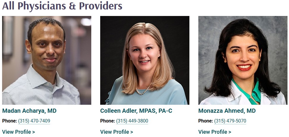 medical website design near syracuse ny showing all physician profile list with madan acharya colleen adler and monazza ahmed